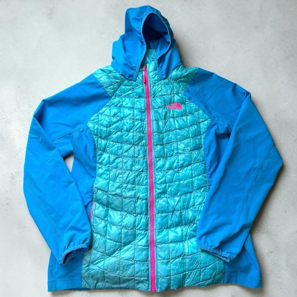 The North Face Womens L Blue Quilted Hybrid Jacket Hooded Full Zip Outdoor Coat